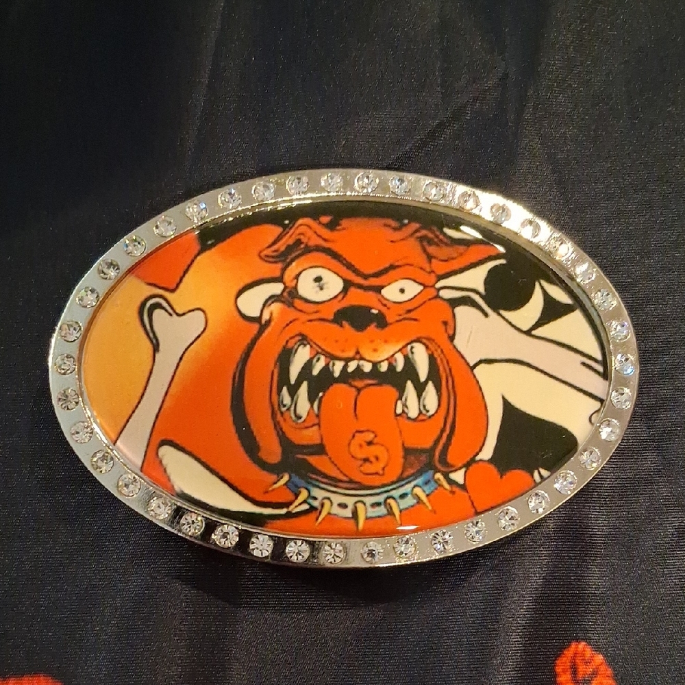 Mad Dog Bulldog Oval Rhinestone Belt Buckle